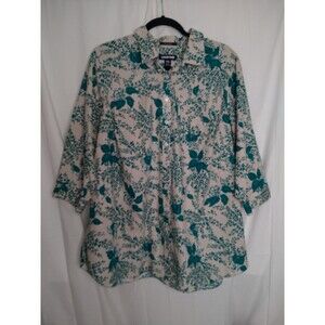 Lands End Womens 18W Tan/Green Floral Shirt No Iron Supima 3/4 Sleeve Button Up